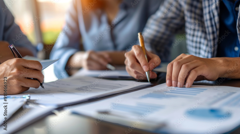 Three people are discussing at a table with document