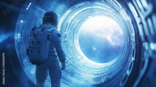 Fototapeta Naklejka Na Ścianę i Meble -  Astronaut gazes at massive window and mysterious spacecraft interior in desolate galaxy