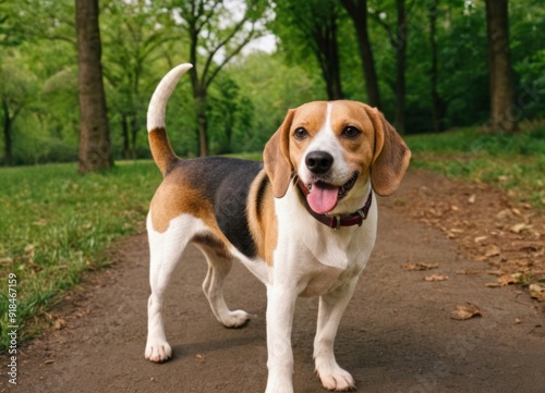 The beagle stands in the grass with his tongue sticking out. Breed dog portrait. Happy Dog on the walk in the park.