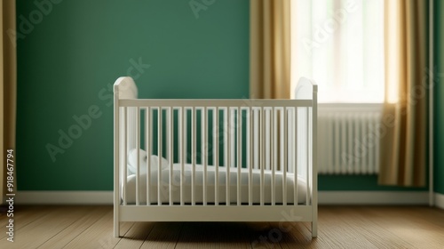 Cozy Empty White Crib in Modern Nursery Room with Green Walls and Sunlight