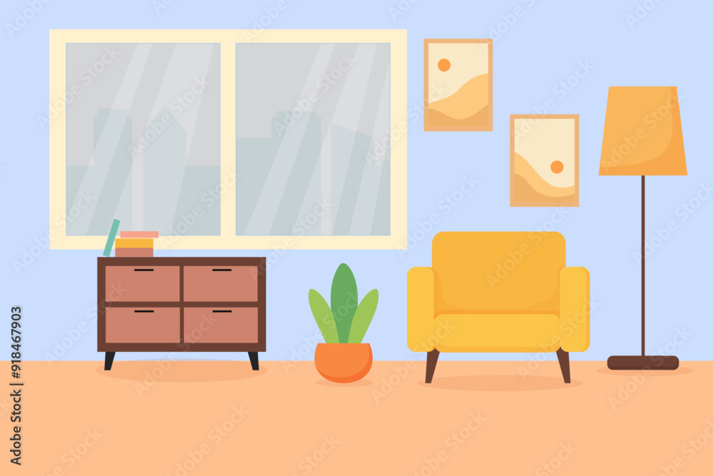 Cozy living room setup with a bright yellow chair, wooden furniture, and natural light Cozy living room setup with a bright yellow chair, wooden furniture, and natural light
