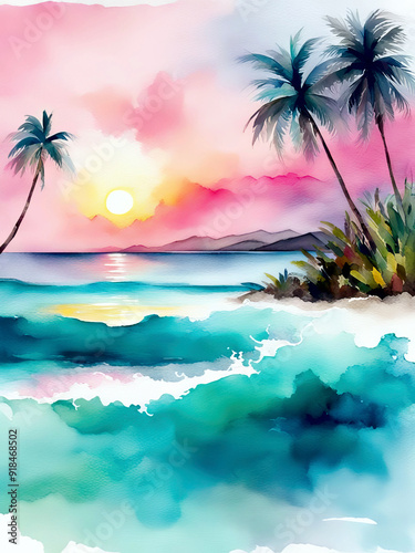 Sunset over a tropical beach with palm trees and a boat on calm waters, creating a serene and idyllic scene.  Watercolor painting