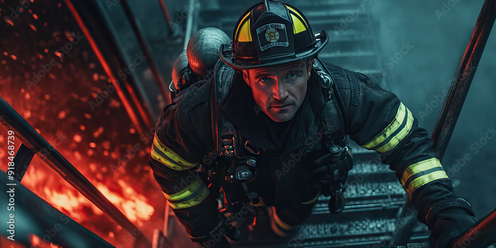 Male Caucasian firefighter in full gear, descending a fire escape ladder during a rescue mission. Male Caucasian firefighter in full gear, descending a fire escape ladder during a rescue mission.