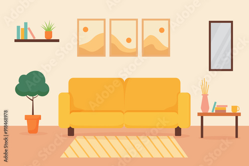 Cozy living room interior featuring a yellow sofa, houseplants, and warm decor details