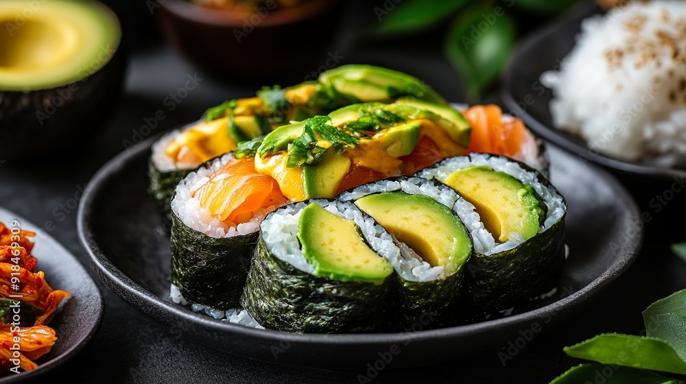 Close-up of Sushi Rolls with Avocado, Salmon, and Nori Seaweed Close-up of Sushi Rolls with Avocado, Salmon, and Nori Seaweed