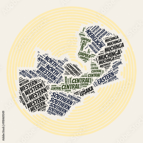 Zambia Round Poster. Typography style image of Country. Regions word clouds of Zambia. Vintage image design with scratch texture.