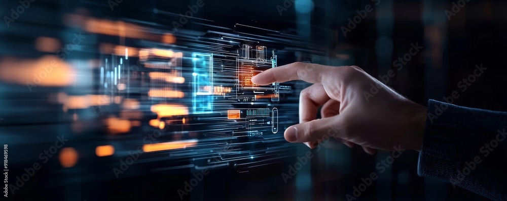 Virtual B2B trade show, holographic product display, digital commerce, futuristic setting Virtual B2B trade show, holographic product display, digital commerce, futuristic setting