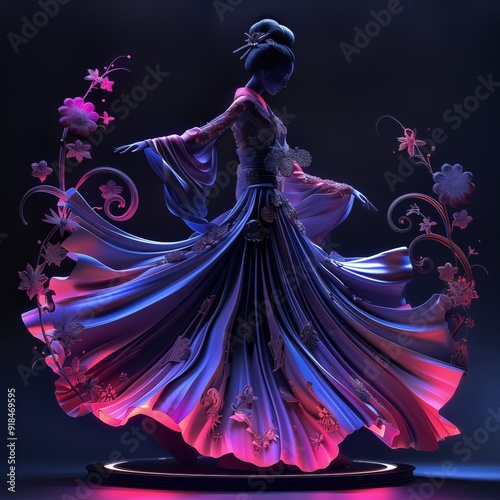 Silhouette of an Asian dancer with pink neon light