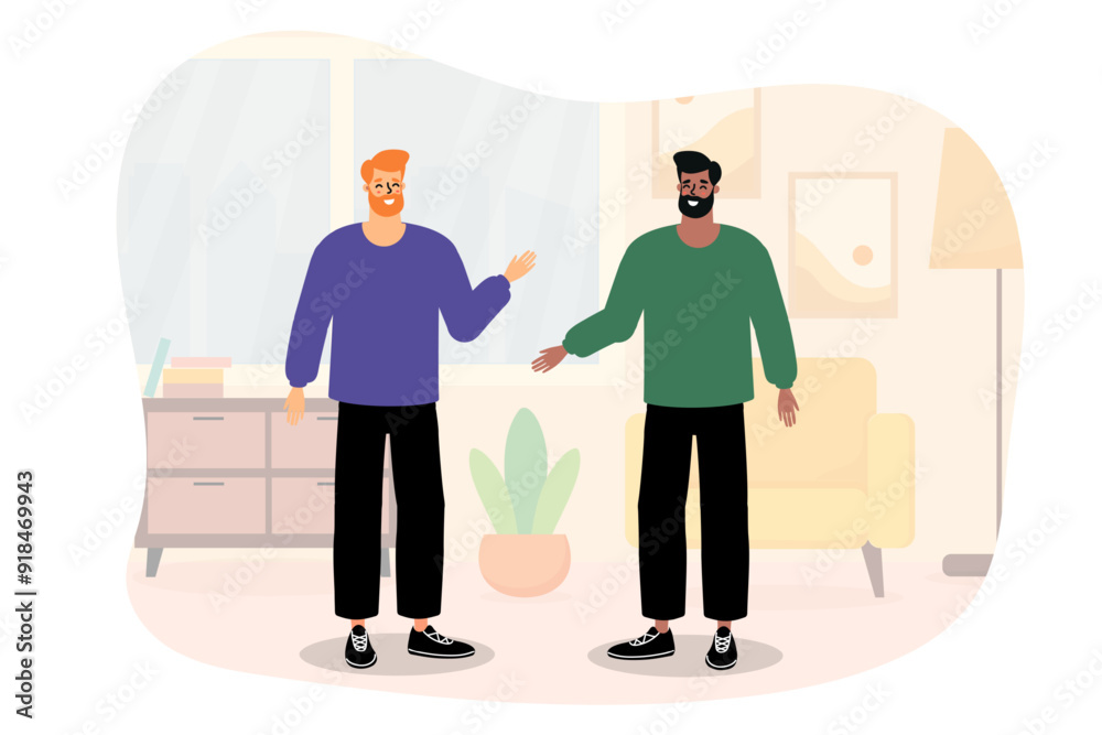 Two men engaging in a friendly conversation in a cozy living room with modern decor during daytime Two men engaging in a friendly conversation in a cozy living room with modern decor during daytime