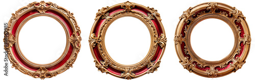 Vintage Round Red Gold Photo Frame with Ornate Pattern in PNG Format