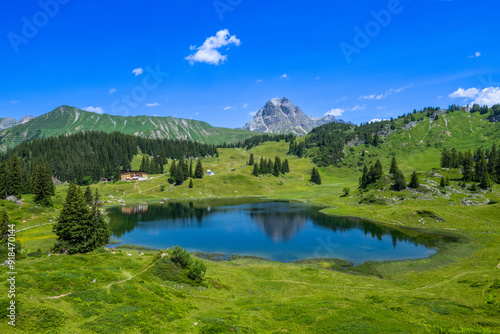 Körbersee on the Hochtannberg, State of Vorarlberg, Austria, View to the Widderstein Mountain