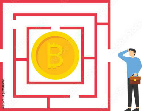 Businessman wanting to enter a bitcoin maze. Profit from the stock market or investment. Modern vector illustration in flat style

