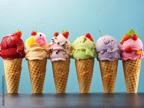 Decoration of waffle cone with aalaw and sprinkles on blue backdrop photo