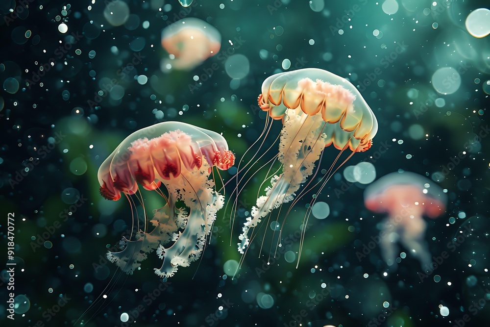 Fototapeta premium Vibrant jellyfish float gracefully in a dark ocean, illuminated by soft, sparkling light, perfect for marine life, nature, and ocean-themed projects,
