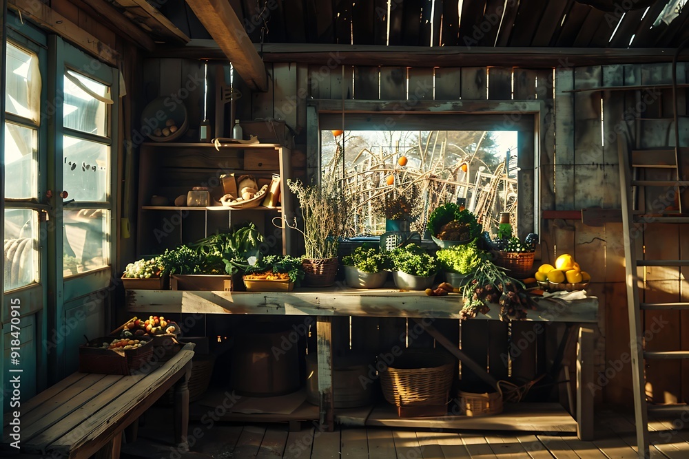 Fototapeta premium A rustic wooden shed filled with fresh vegetables, fruits, and herbs, bathed in warm sunlight, ideal for articles on sustainable living, organic farming, and home gardening projects,