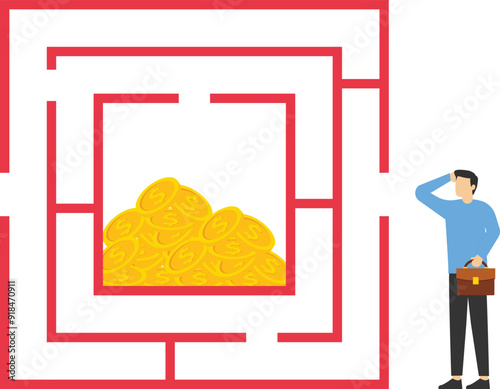 Businessman wanting to enter a money maze. Modern vector illustration in flat style

