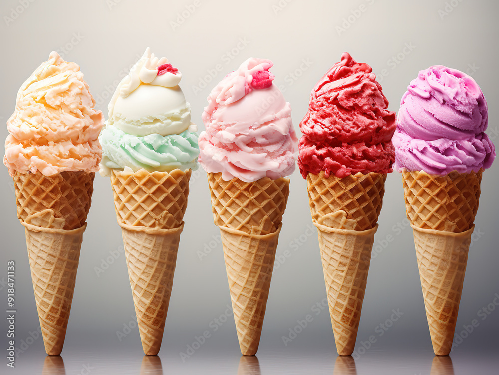 Eyecatching Ice cream cone set with four realistic colorful ice cream wafers of different taste Eyecatching Ice cream cone set with four realistic colorful ice cream wafers of different taste