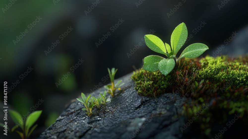A tight shot of a tiny plant rooted in a rock Moss covers the rock's summit On the opposite side, another plant grows A tight shot of a tiny plant rooted in a rock Moss covers the rock's summit On the opposite side, another plant grows