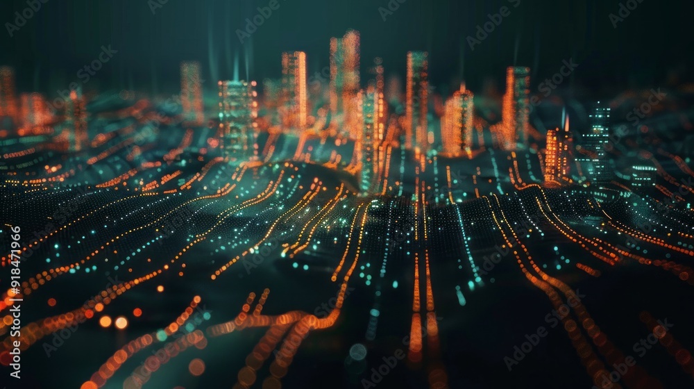 A cityscape with a lot of lights and buildings A cityscape with a lot of lights and buildings
