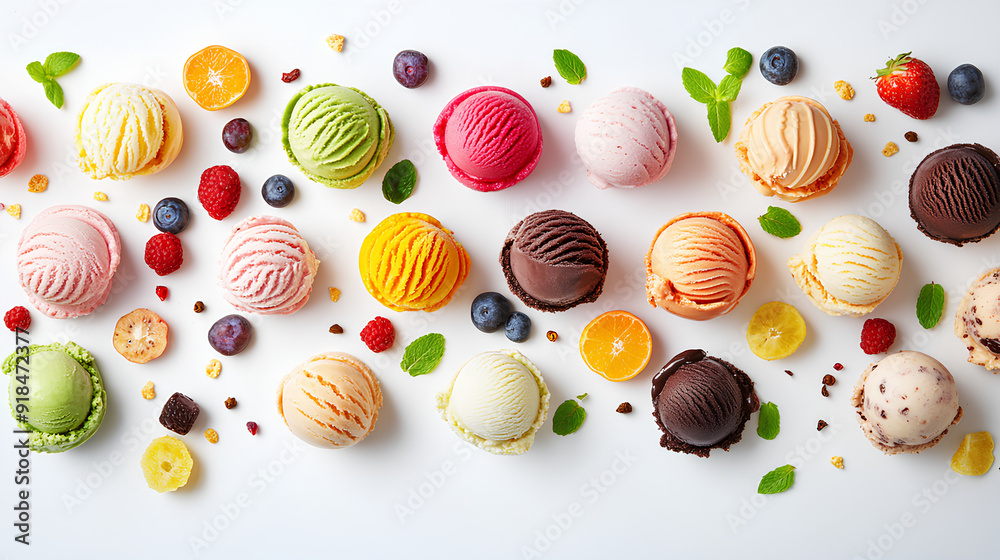 ice cream scoop ball on white background cutout, top view, with fruits topping, many assorted different flavour mockup template for artwork design, two lines ice cream scoop ball on white background cutout, top view, with fruits topping, many assorted different flavour mockup template for artwork design, two lines