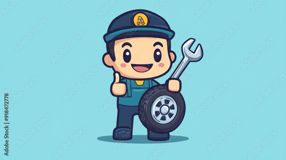 Cute Cartoon Mechanic Holding a Tire and Wrench Cute Cartoon Mechanic Holding a Tire and Wrench