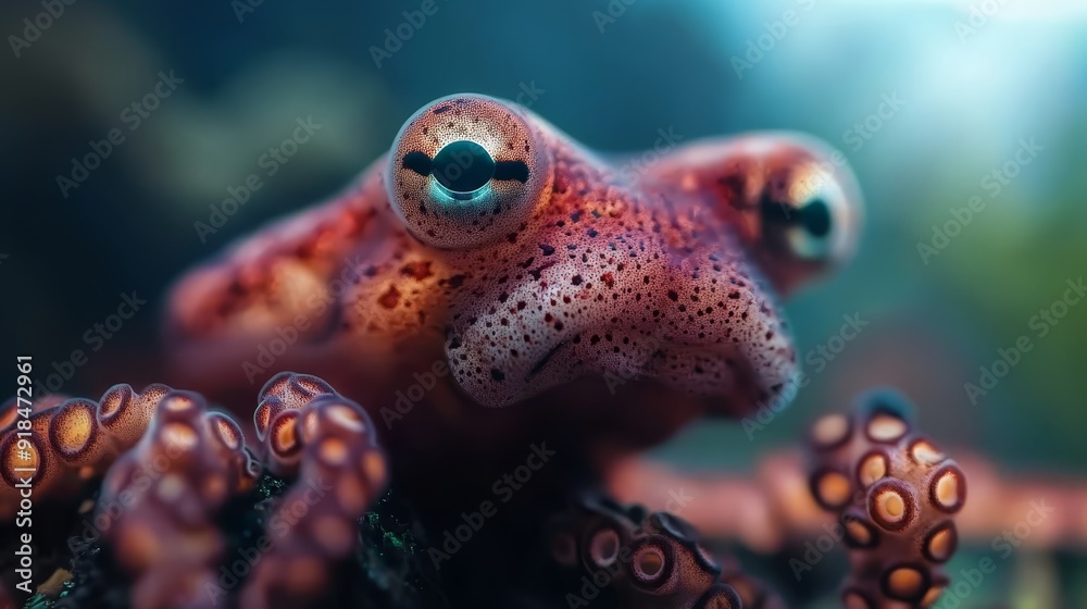 A tight shot of an octopus's eyes and body, surrounded by other octopuses in the background A tight shot of an octopus's eyes and body, surrounded by other octopuses in the background