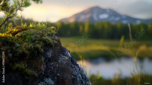  A tight shot of a tree perched atop a rock near a serene lake Mountains distinguishably outlined in the background photo