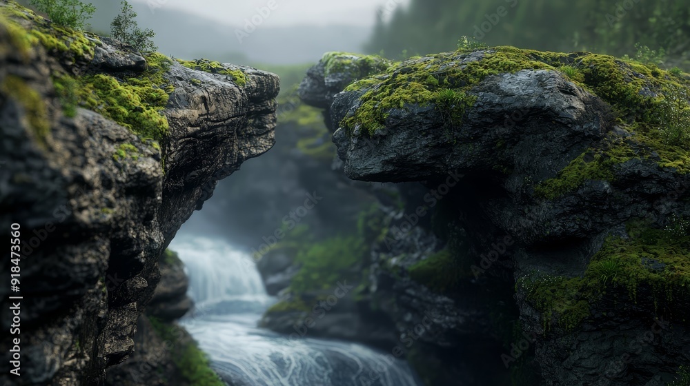 A river winds through a verdant forest, surrounded by mossy trees with dense green foliage A river winds through a verdant forest, surrounded by mossy trees with dense green foliage