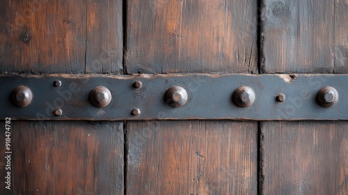 An intricate detailed view of a wooden door featuring large metal studs, highlighting the blend of rustic and sturdy design elements in historical architecture. photo