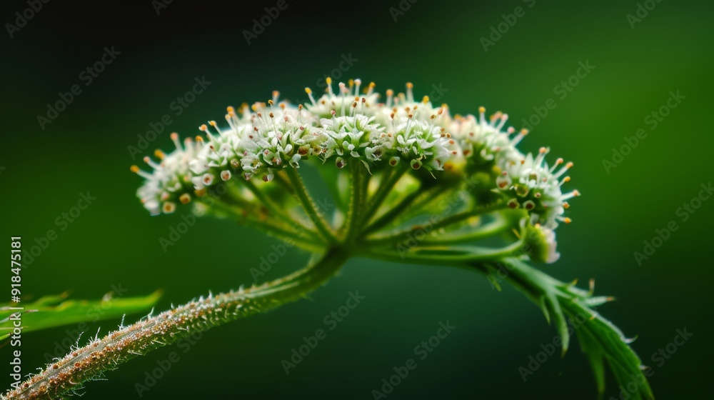 A tight shot of a plant featuring tiny white blossoms on its stem against a backdrop of verdant leaves A tight shot of a plant featuring tiny white blossoms on its stem against a backdrop of verdant leaves
