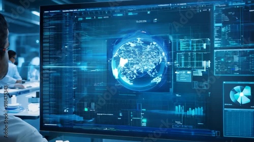 A scientist in a white coat sitting at a computer with a large monitor displaying an AI interface,surrounded by other scientists working on futuristic equipment and machines in a laboratory background