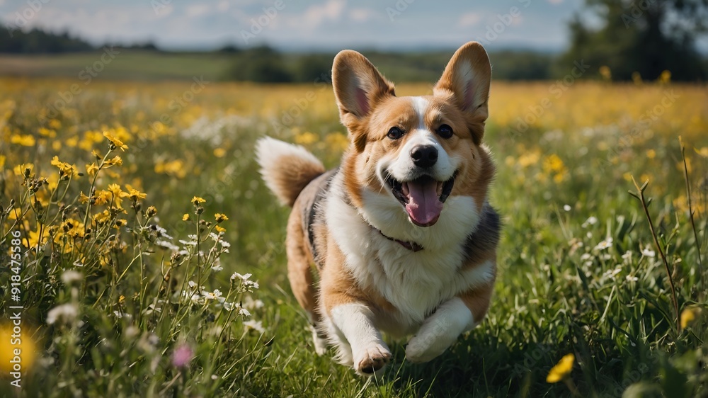 Joyful Corgi Frolicking in a Sunlit Field Joyful Corgi Frolicking in a Sunlit Field