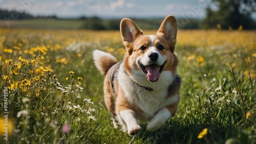 Joyful Corgi Frolicking in a Sunlit Field