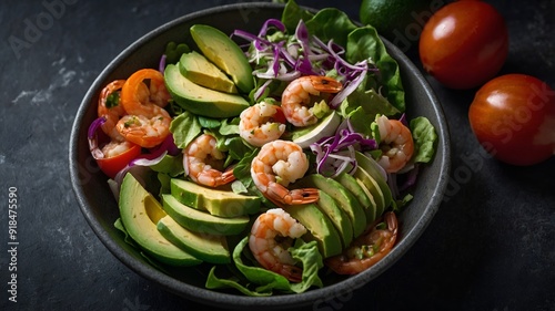 Gourmet Shrimp and Avocado Salad on Elegant Black Canvas