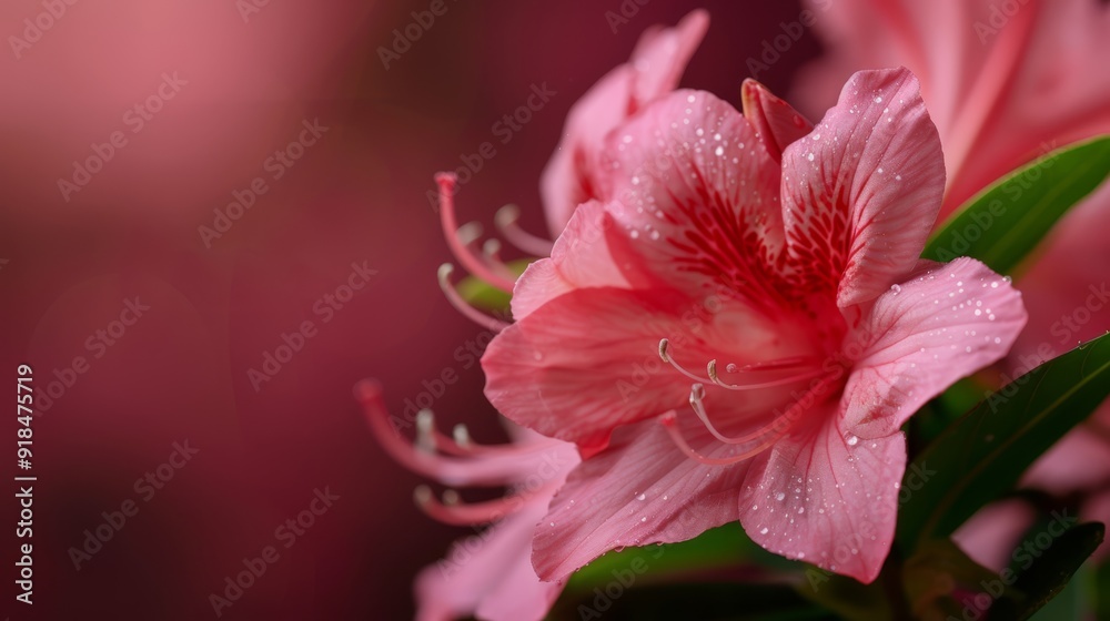 A tight shot of a pink bloom, adorned with water beads on its petals, and a green stem with foliage A tight shot of a pink bloom, adorned with water beads on its petals, and a green stem with foliage