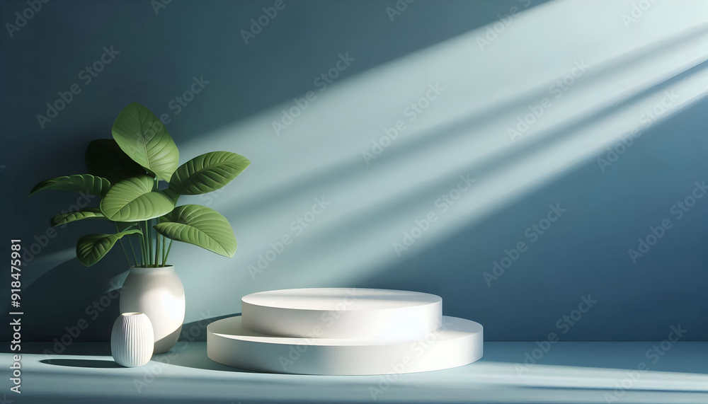 3D Render Pastel Blue Podiums With Soft Shadows And A White Vase With Tropical Leaves Casting A Shadow. Cosmetic Or Beauty Product Promotion, Abstract Minimal Advertise. Copy Space Mockup. 3D Render Pastel Blue Podiums With Soft Shadows And A White Vase With Tropical Leaves Casting A Shadow. Cosmetic Or Beauty Product Promotion, Abstract Minimal Advertise. Copy Space Mockup.