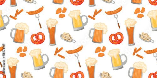 Funny seamless pattern with glasses of foaming beer and snacks.Fried sausage, pistachios, croutons, potato chips and pretzels.Celebrating the Beer Festival.Vector flat illustration on white background