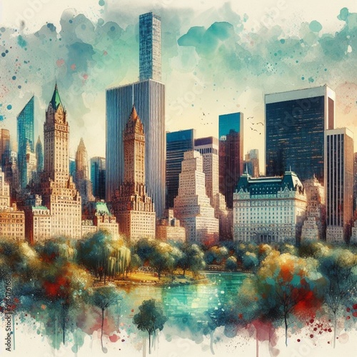 a vibrant, impressionistic view of a bustling cityscape during autumn. The scene is dominated by warm hues of red, orange, and yellow foliage in a park surrounded by towering skyscrapers 