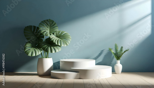 3D Render Pastel Blue Podiums With Soft Shadows And A White Vase With Tropical Leaves Casting A Shadow. Cosmetic Or Beauty Product Promotion, Abstract Minimal Advertise. Copy Space Mockup.