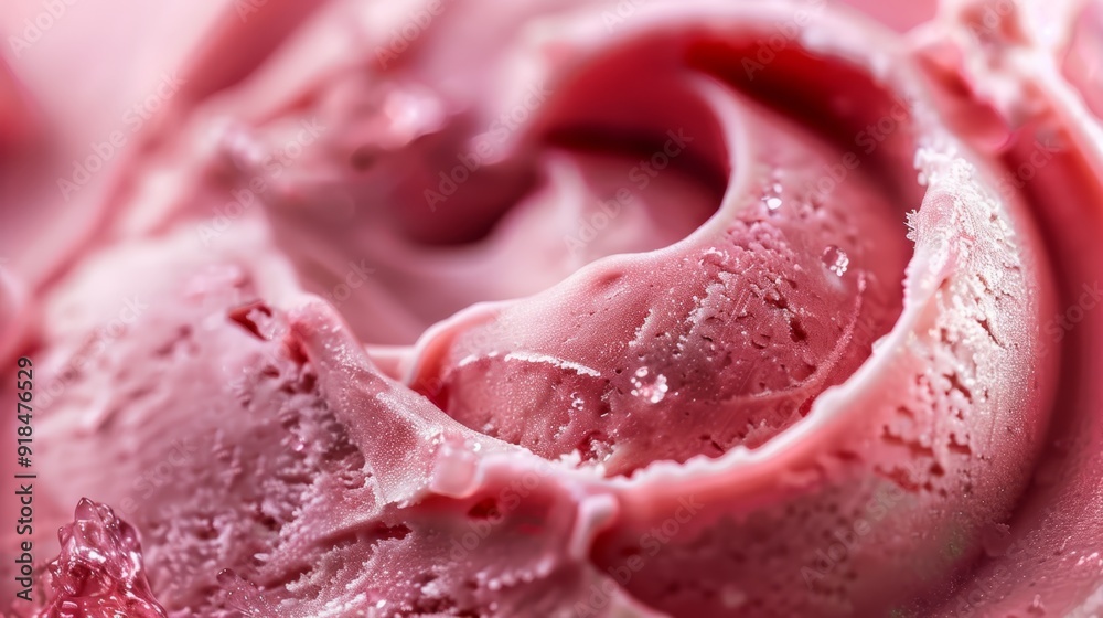  A tight shot of pink frosting, adorned with water droplets atop