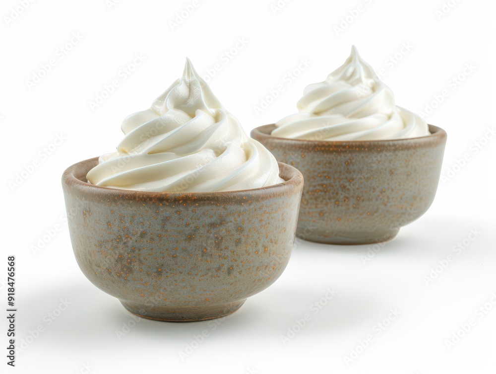 Two bowls of sour cream on a white background