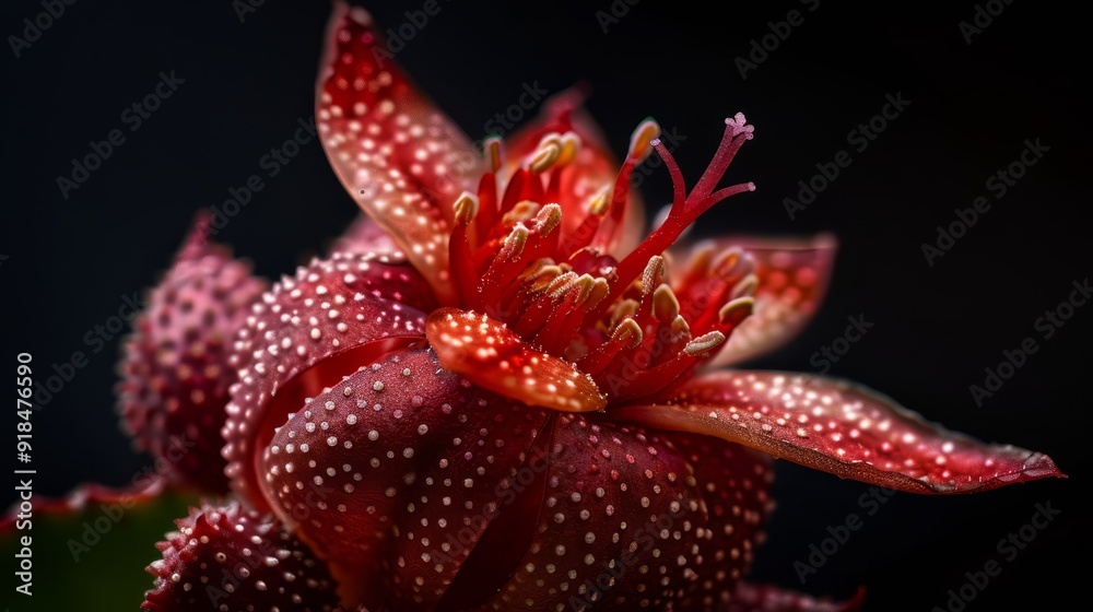 A red flower with white specks on its petals and a green stem against a black backdrop ..Or, for a more compact version:.. A red flower with white specks on its petals and a green stem against a black backdrop ..Or, for a more compact version:..