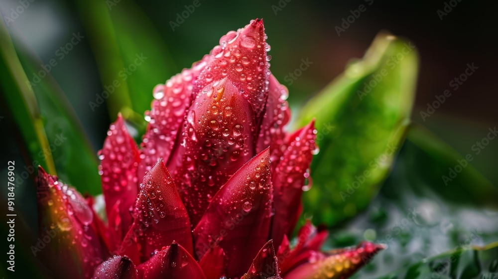 Close-up of a red flower with dewdrops and a green leaf in the foreground Close-up of a red flower with dewdrops and a green leaf in the foreground