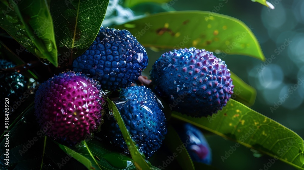 A tight shot of berry-laden branch, leaves glistening with water droplets, background softly blurred A tight shot of berry-laden branch, leaves glistening with water droplets, background softly blurred
