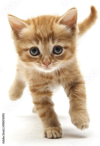 Cute kitten running on a white background