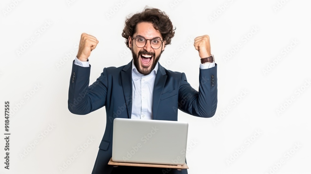 Excited entrepreneur celebrating success in bright office Excited entrepreneur celebrating success in bright office