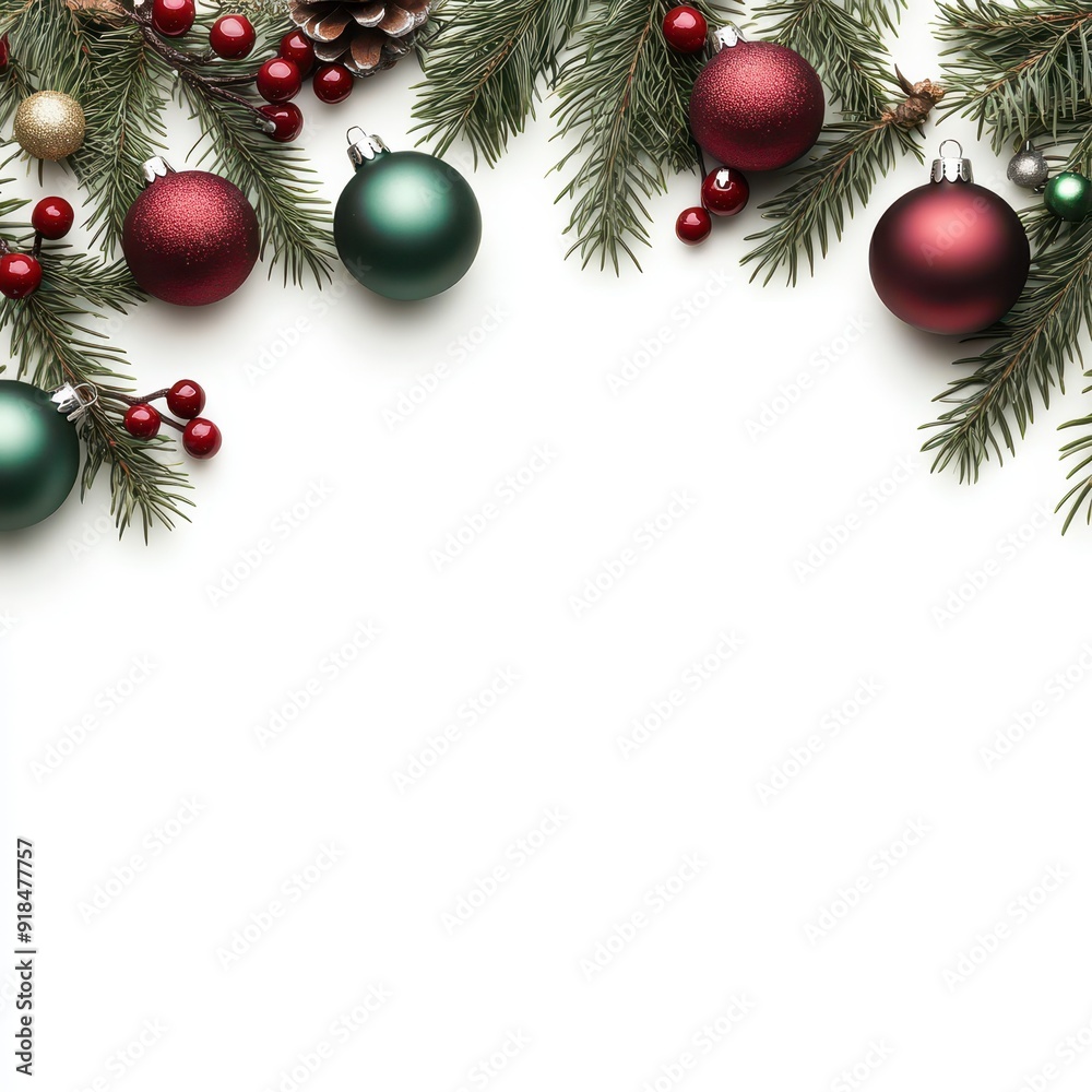Festive garland adorned with red and green baubles for holiday decoration Festive garland adorned with red and green baubles for holiday decoration