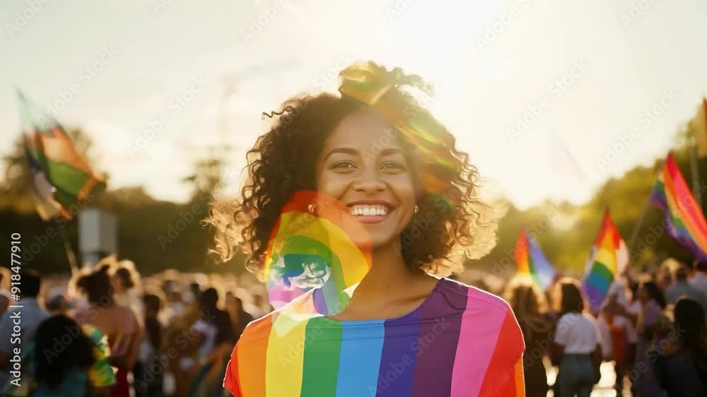 Smiling woman standing in front of a rainbow flag at a pride event. LGBTQ+ pride and celebration concept Smiling woman standing in front of a rainbow flag at a pride event. LGBTQ+ pride and celebration concept