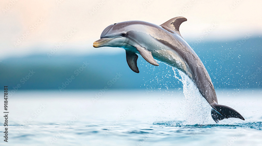 Fototapeta premium A dolphin leaps out of the water, its tail flapping behind it. The scene is serene and peaceful, with the dolphin soaring through the air and the water below.