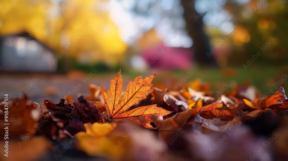 A collection of leaves scattered on the ground, surrounded by a house and trees in the park background A collection of leaves scattered on the ground, surrounded by a house and trees in the park background